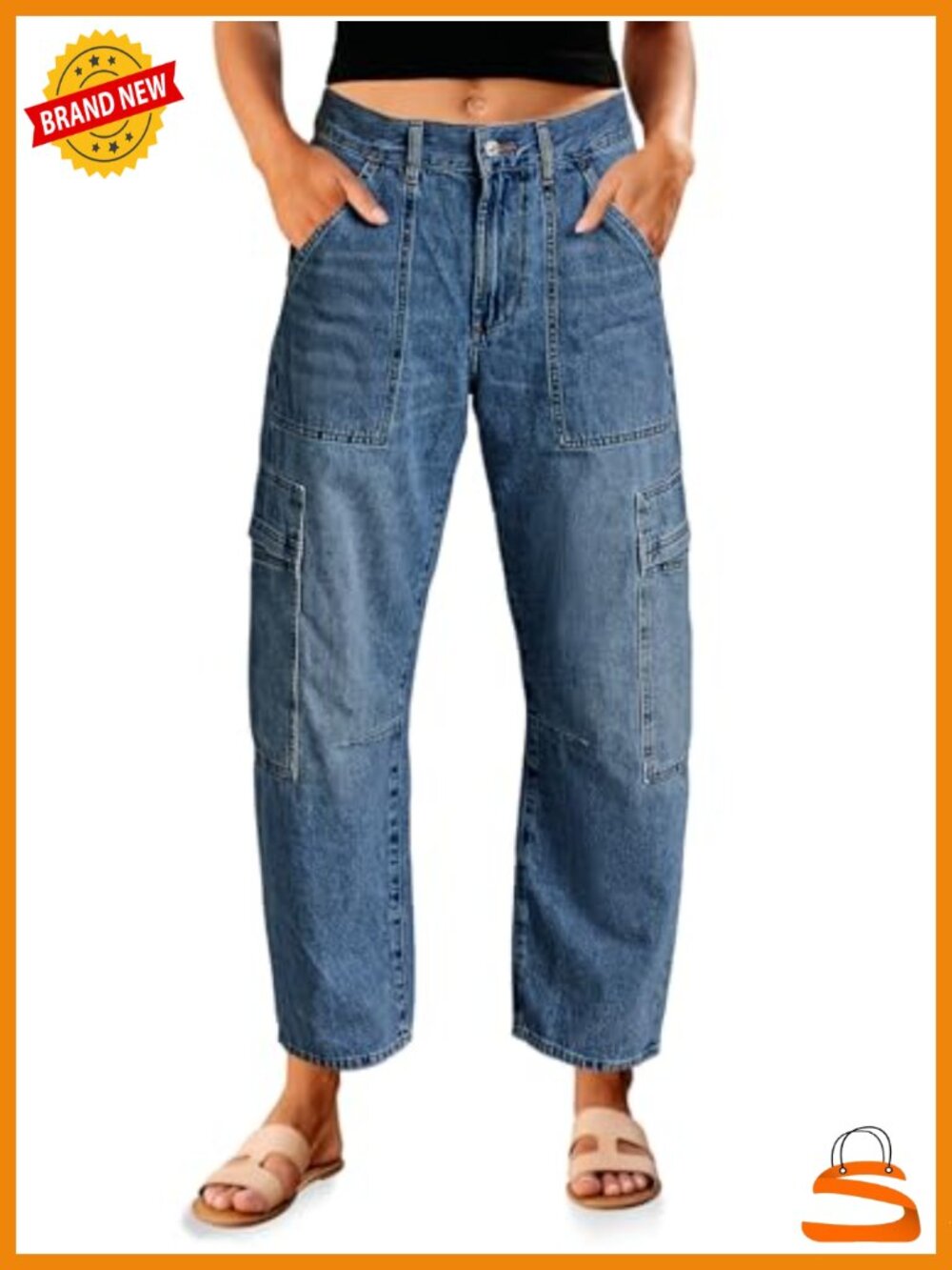High Waisted Baggy Cargo Barrel Jeans with 6 Pockets